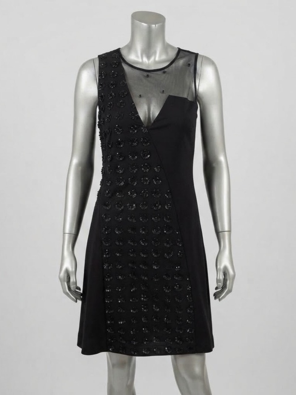 Sachin + Babi Black Sequin Illusion Mesh Cocktail Dress NWT Asymmetric Sleeveles